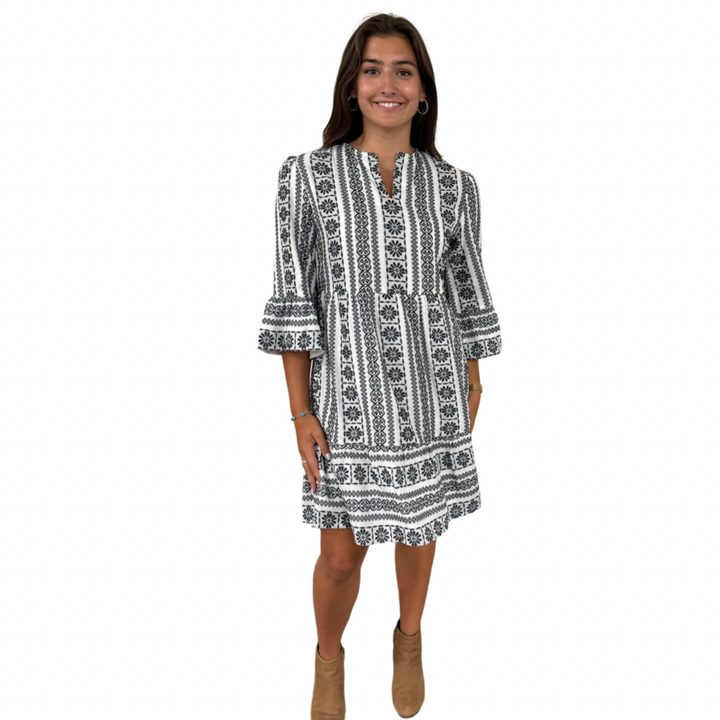 The Alexandra Black and White Jacquard 3/4 Sleeve Dress — view 5