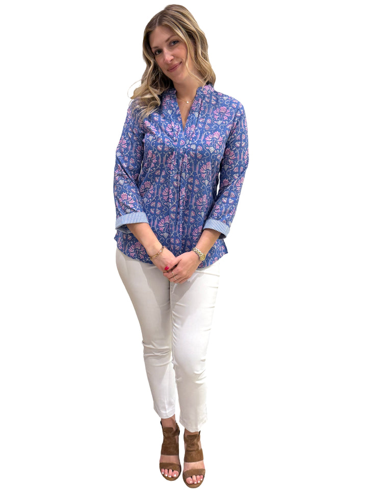 The Eloise Hand Block Printed Cotton Top in Blue and Lavender — view 4