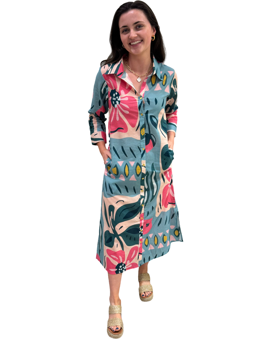 The Erika Button Front Multi Print Dress