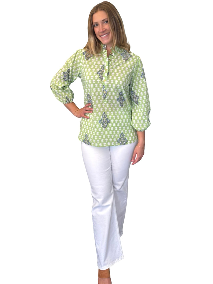 The Tricia Cotton Top in Light Green Hand Block Printed Cotton