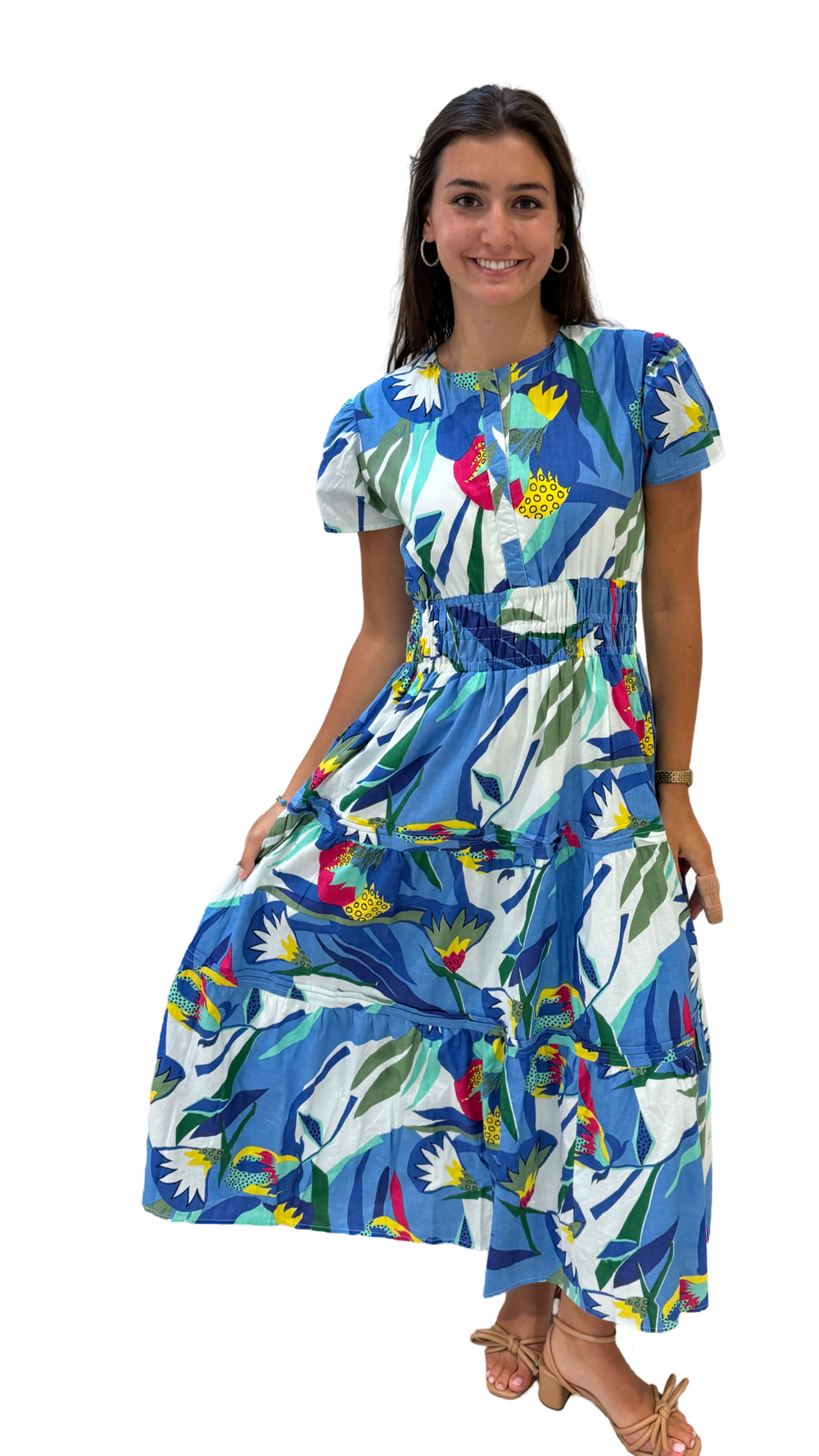 The Sydney Cinch Waist Dress in Blue Multi Color Tropical Cotton — view 2