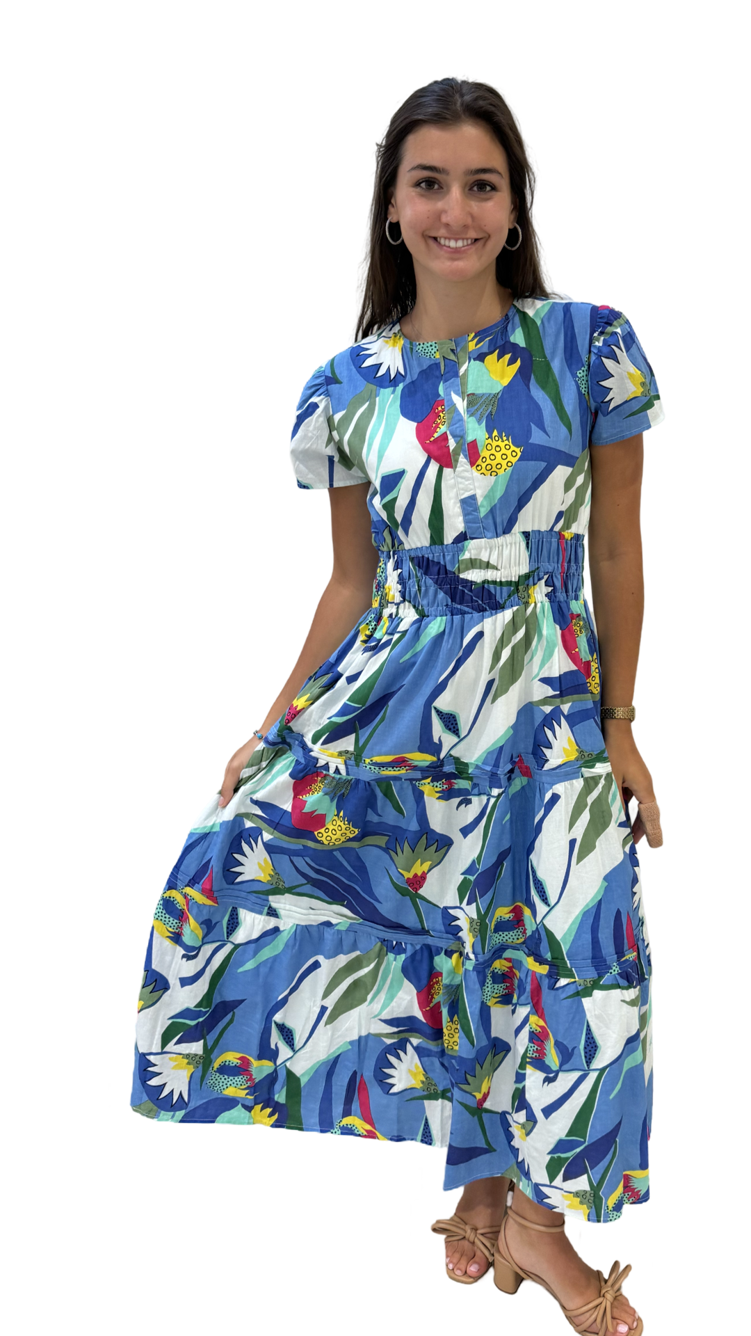The Sydney Cinch Waist Dress in Blue Multi Color Tropical Cotton — view 2
