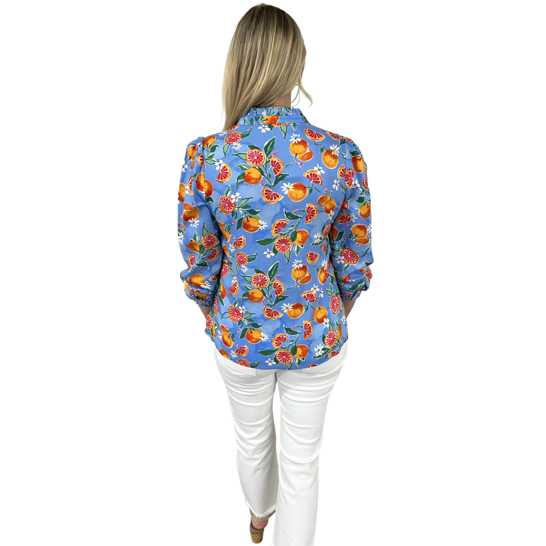 The Carrie Fresh Squeezed Orange Print Blouse in Periwinkle Blue — view 7