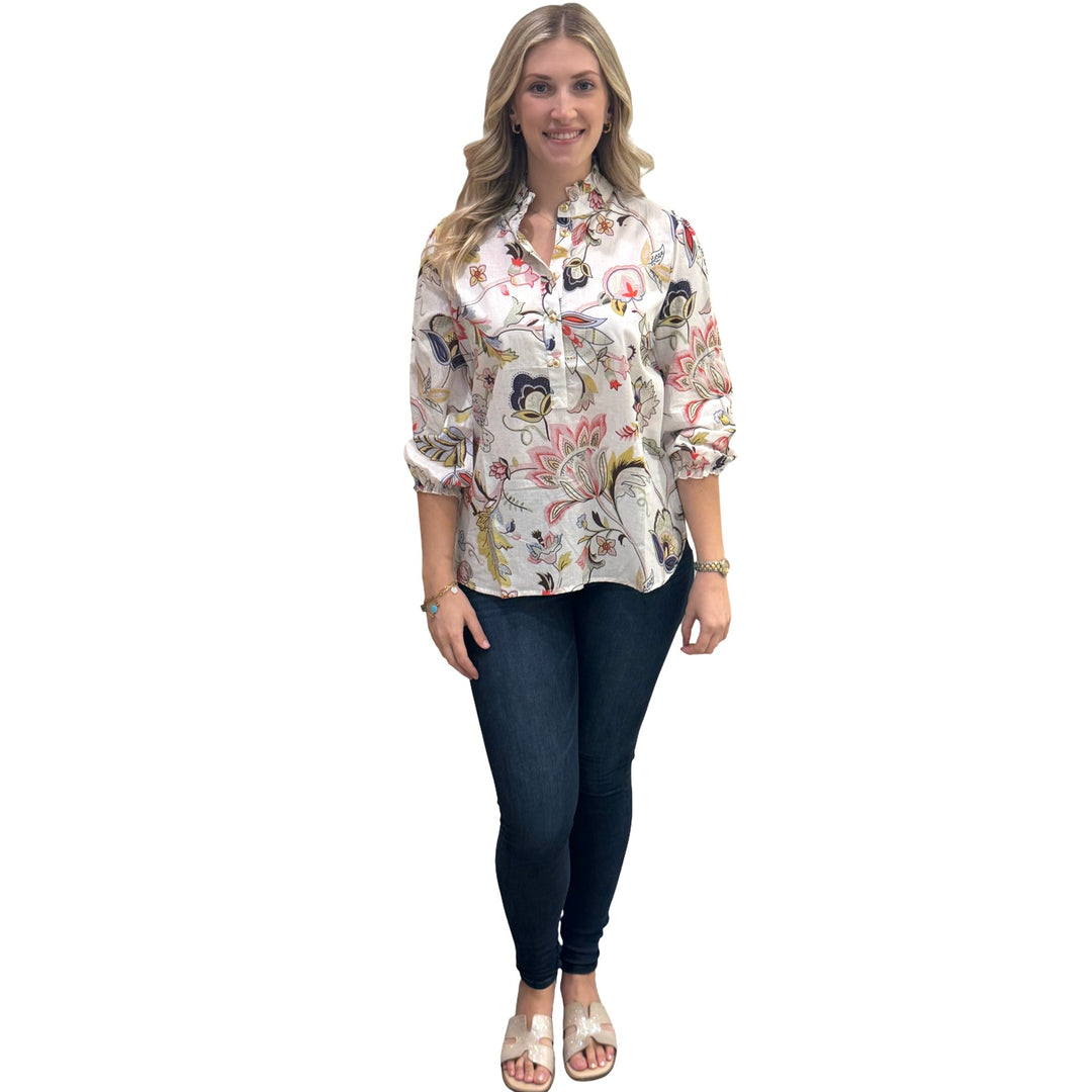 The Tricia Hand Block Printed Top in Ivory Floral — view 3
