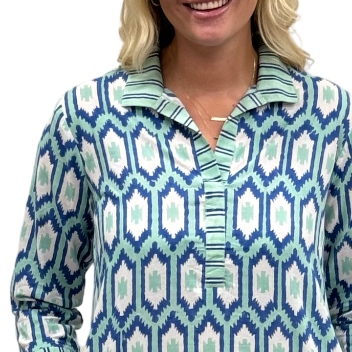 The Lisette Dress in Green and Blue Ikat — view 7