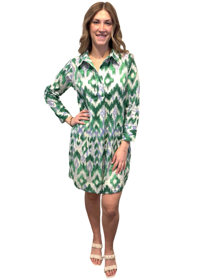The Holland Cotton Shirt Dress in Green Ikat — view 8