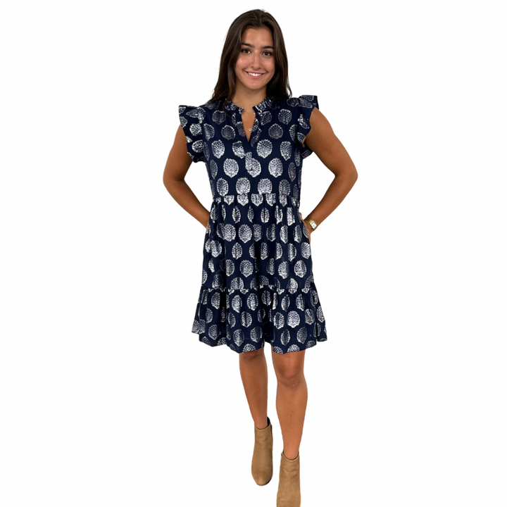The Fiona Flutter Sleeve Dress in Navy and Silver — view 2
