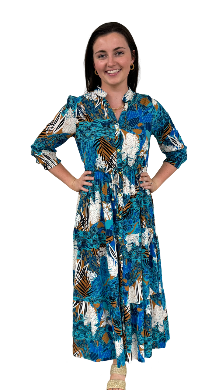 The Hamilton Tie Front Dress in Turquoise and Mocha Multi — view 2