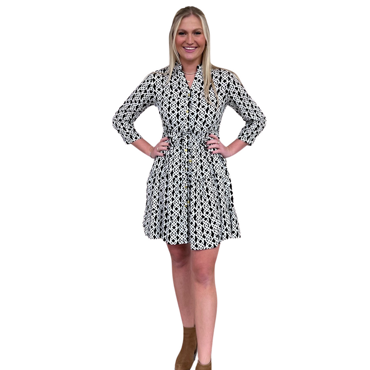 The Hamilton Tie Front Monochromatic Print Dress in Black and White — view 4