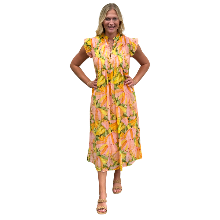 The Maggie Tropical Print Long Dress in Peach