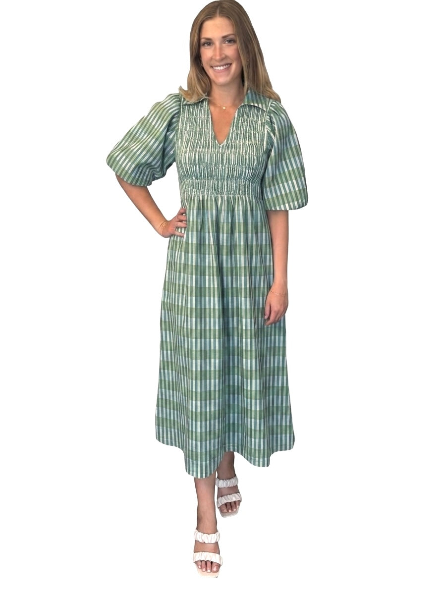 The Joanie Smocked Dress in Army Green Plaid