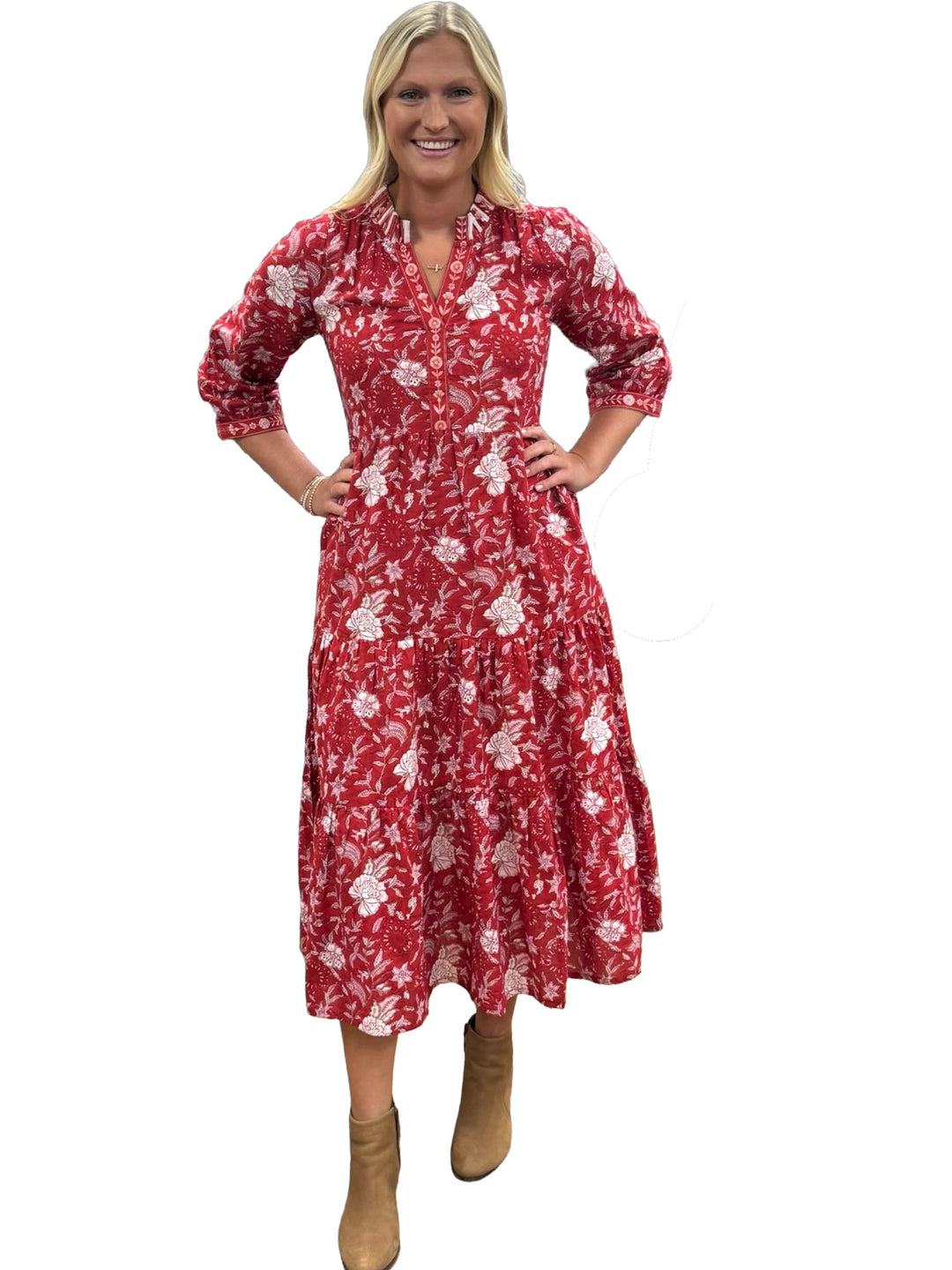 The Campbell Long Length Dress in Red Hand Block Printed Floral
