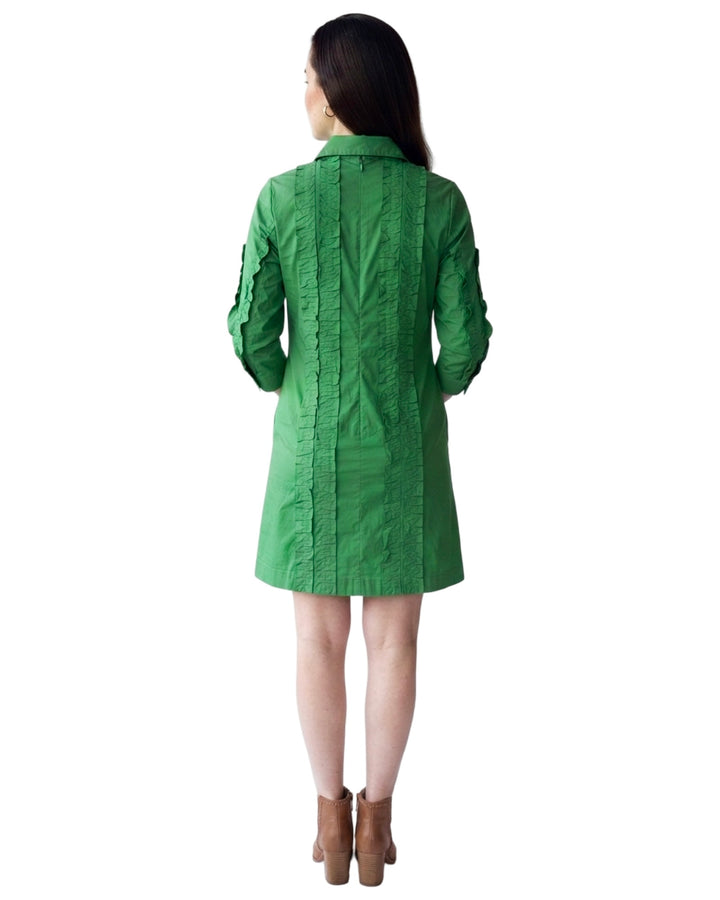 The Annika Button Front Shirt Dress in Emerald Green Ruffled Cotton
