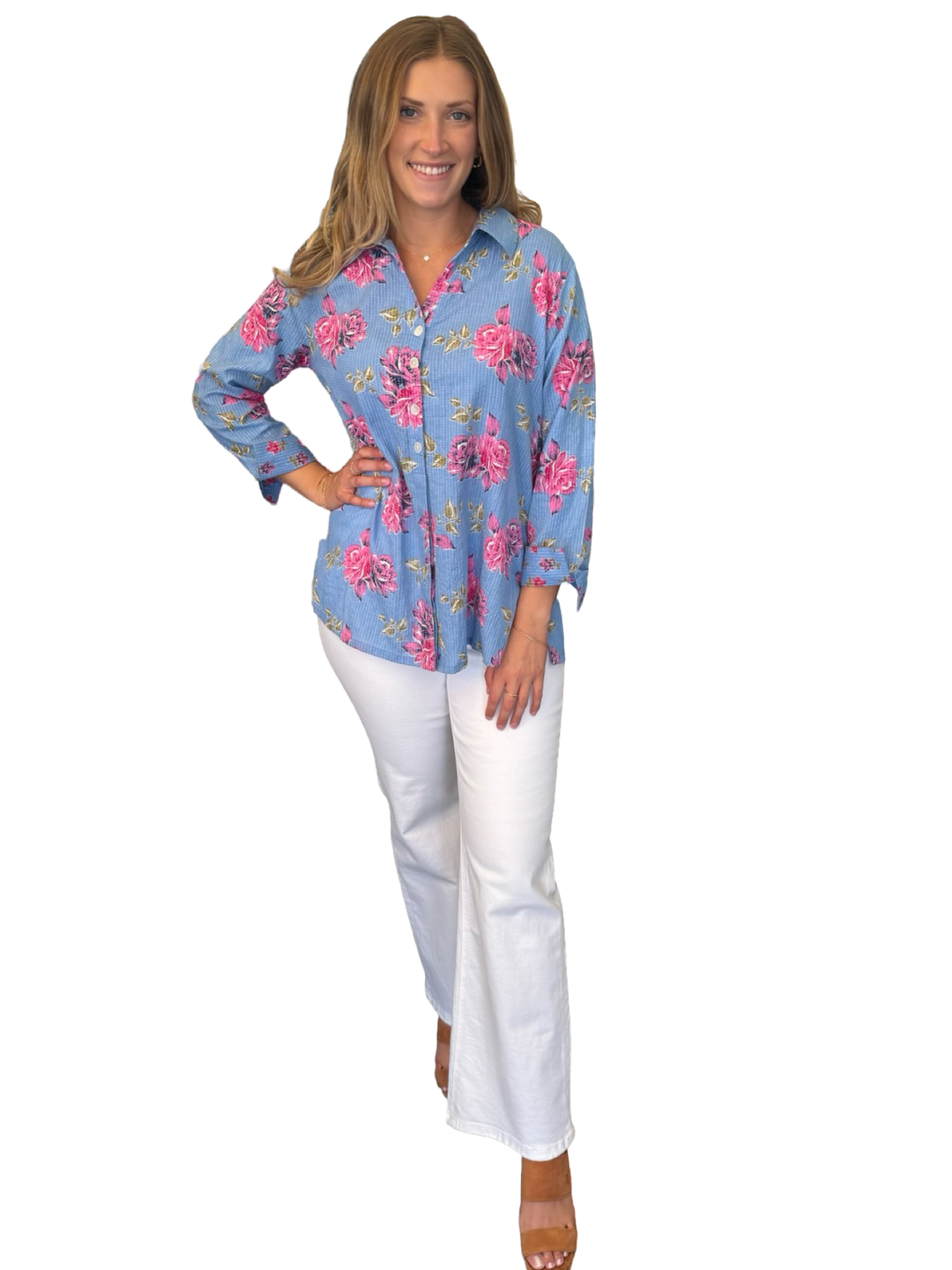 The Mason Button Front Top in Cornflower Blue Pink Floral