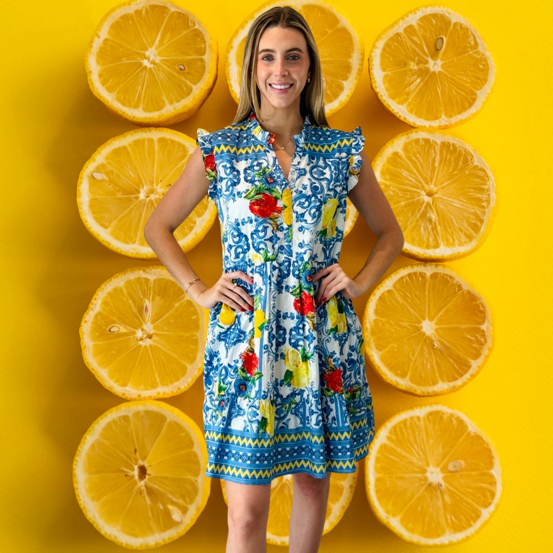 The Campbell Cotton Lemon Print Dress in Blue and Yellow — view 7