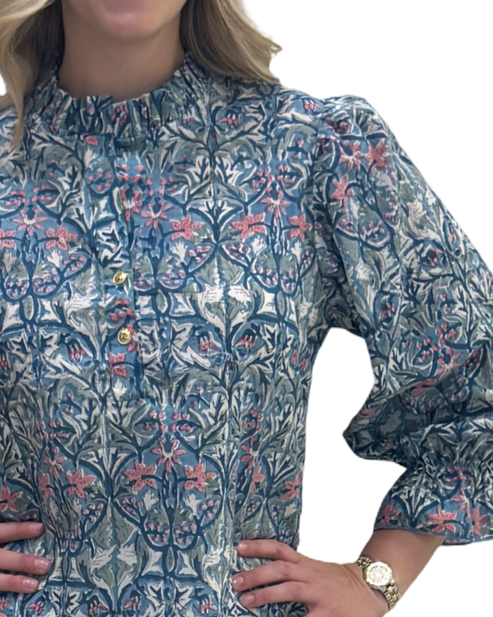 The Ainsley Hand Block Printed Cotton Ruffle Trimmed Top — view 5