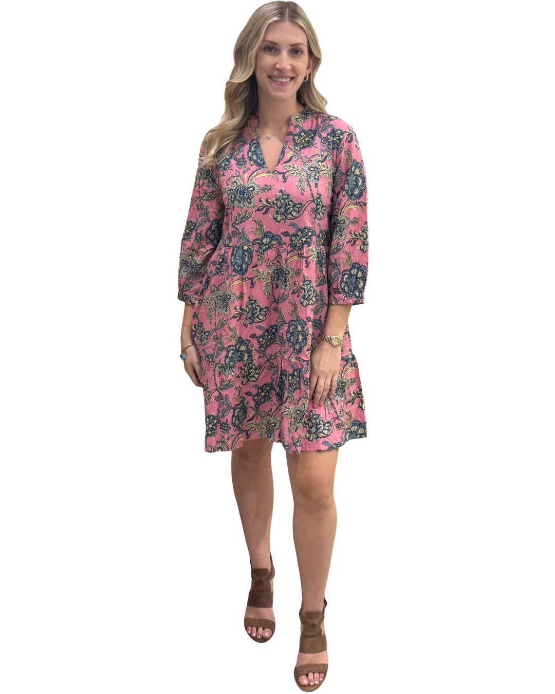 The Preston 3/4 Sleeve Cotton Dress in Pink Floral