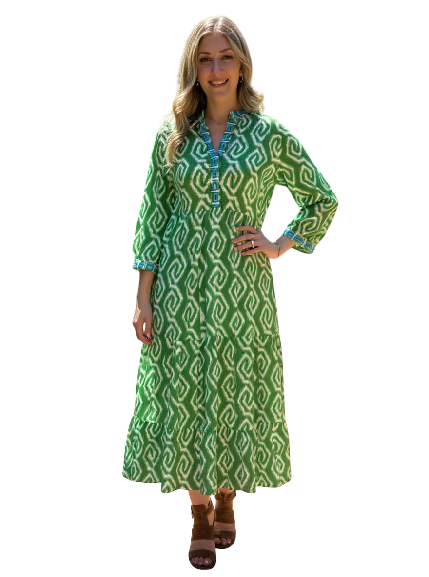 The Addison Embroidered Trim Notch Neck Dress in Green Ikat — view 2