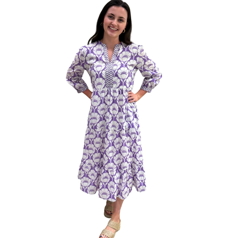 The Daniella Lavender Purple White Embroidered Cotton Dress — view 2