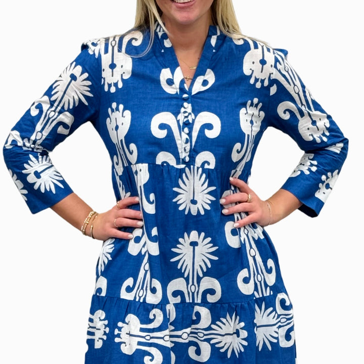 The Addison Dress in Blue White With Self Covered Button Placket — view 5