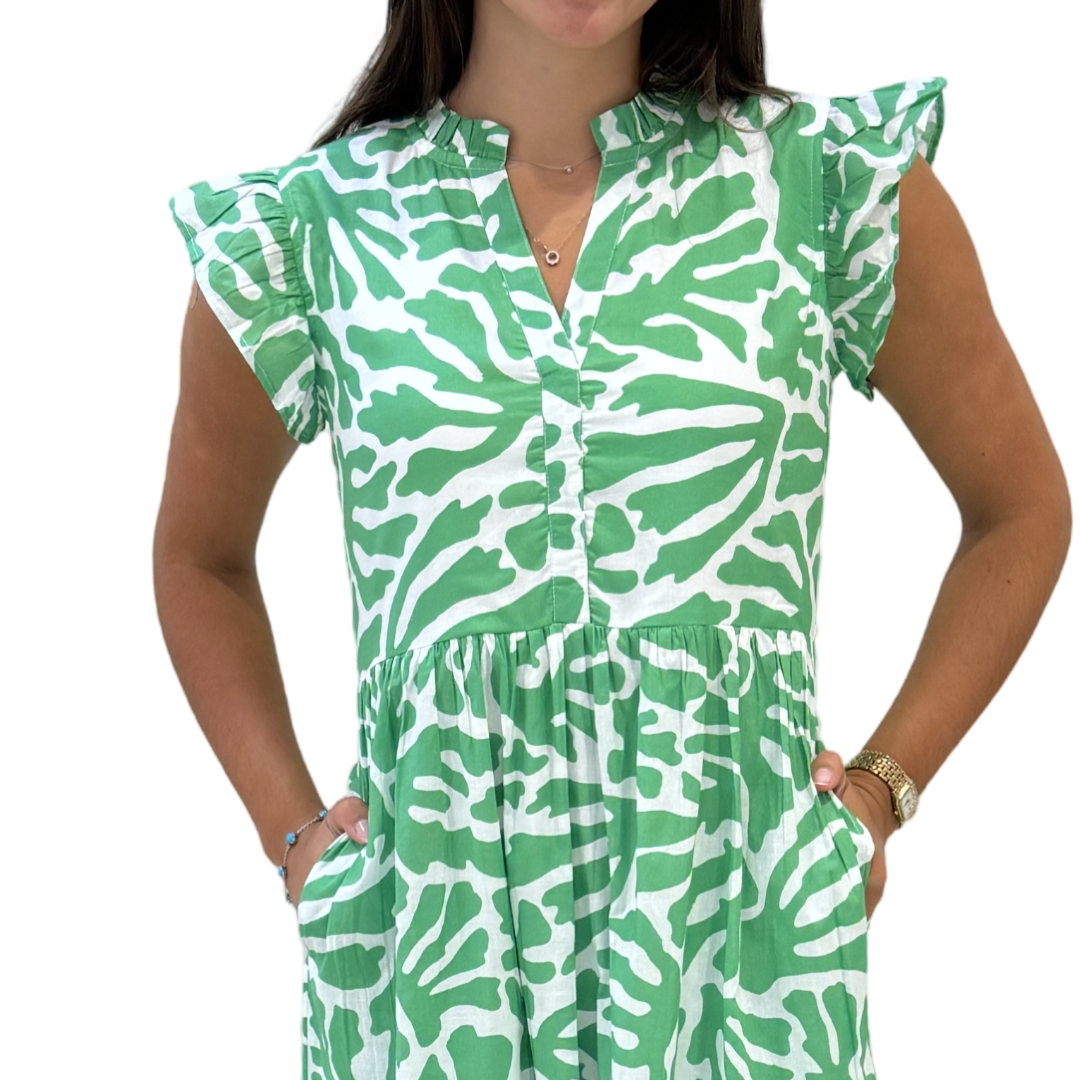 The Campbell Long Flutter Sleeve Dress in Vibrant Green and White — view 4