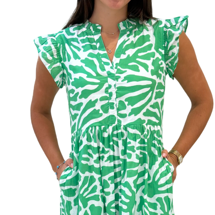 The Campbell Long Flutter Sleeve Dress in Vibrant Green and White — view 4