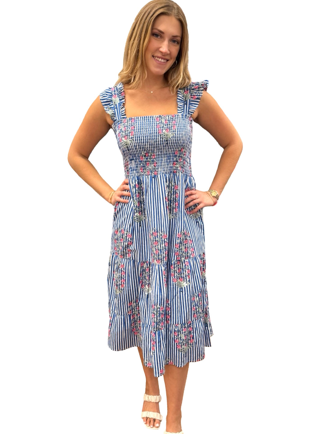 The Cloey Smocked Cotton Midi Dress in Blue Striped Pink Tulip Floral