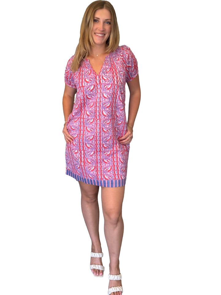 The Michelle Smocked Neck Dress in Pink Multi Hand Block — view 3