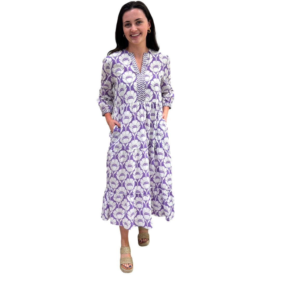 The Daniella Lavender Purple White Embroidered Cotton Dress