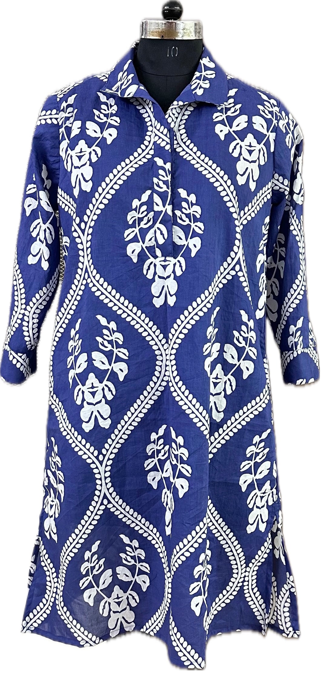 The Lisette Cotton Easy Fit Dress in Violet Blue and White — view 8