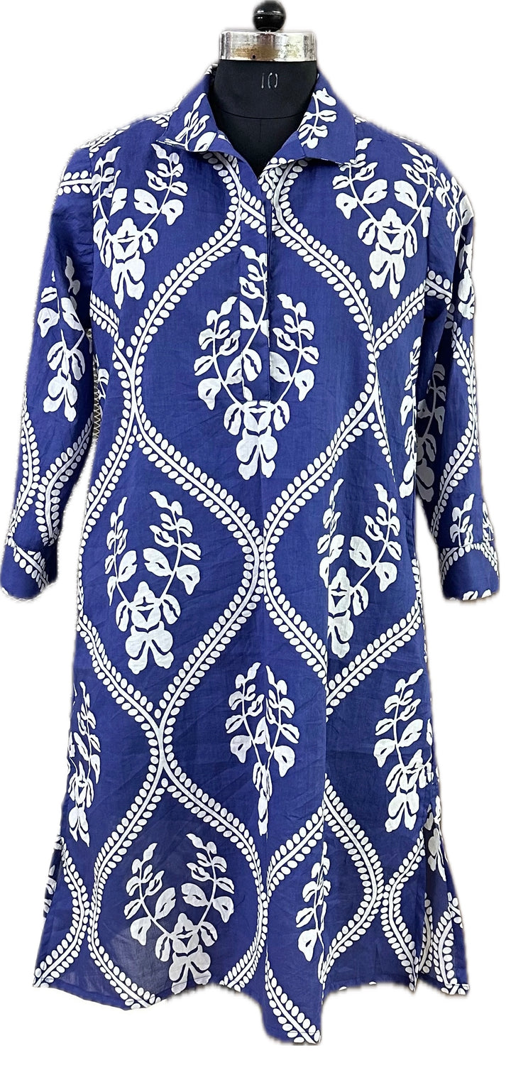 The Lisette Cotton Easy Fit Dress in Violet Blue and White — view 8