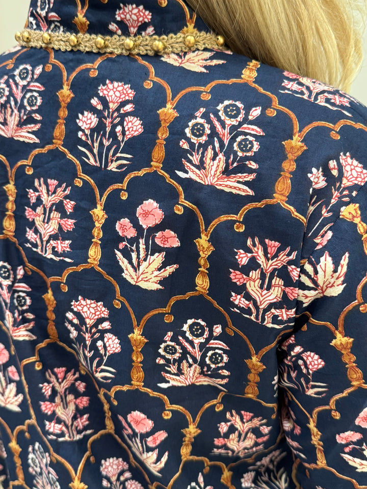 The Winslow Gold Bead Trimmed Dress in Navy and Pink — view 2
