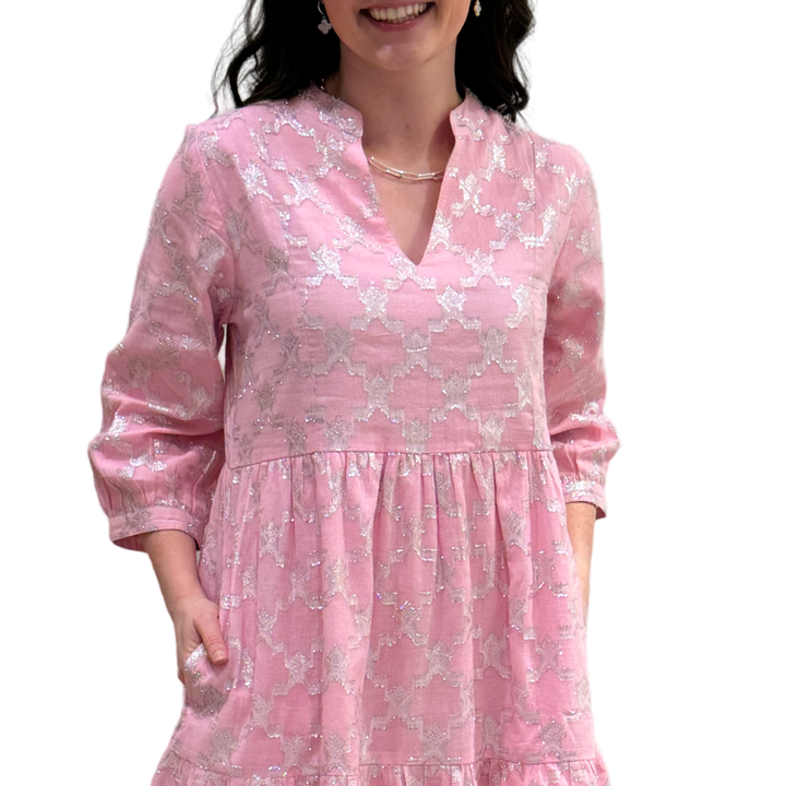 The Preston Metalic Jaquard Dress in Soft Pink and Silver — view 3