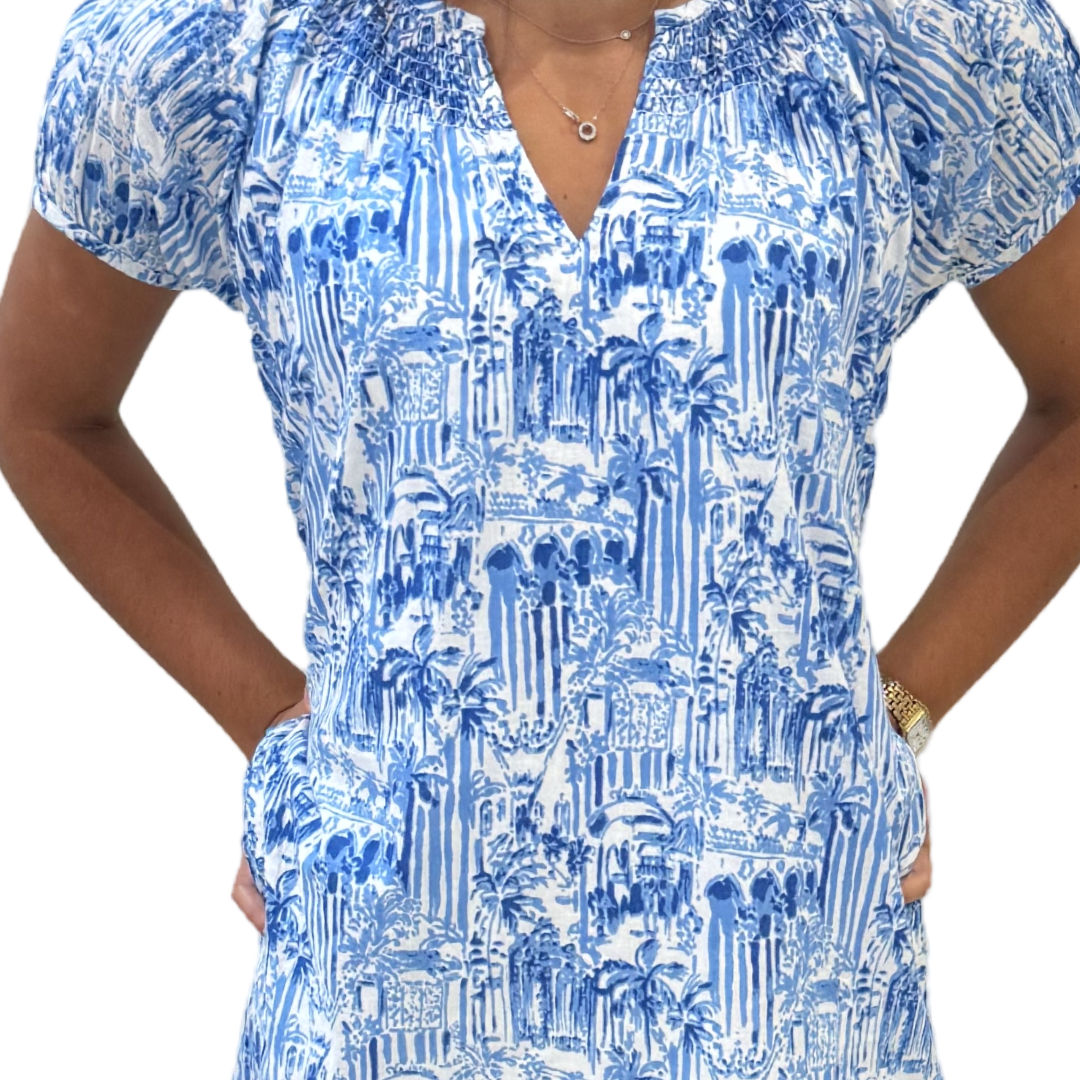 The Michelle Smocked Neck Dress in Blue and White Palm Beach Print — view 3