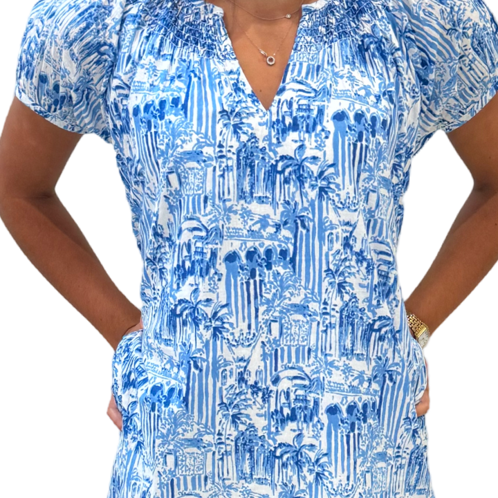 The Michelle Smocked Neck Dress in Blue and White Palm Beach Print — view 3