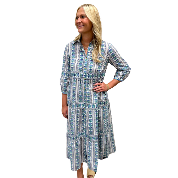 The Marilyn Cotton Button Front Blue Border Block Print Dress — view 7