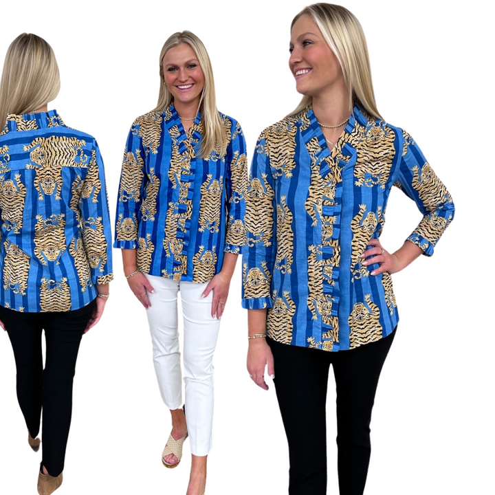 The Bessie Ruffle Front Top in Blue Tiger Stripe — view 7