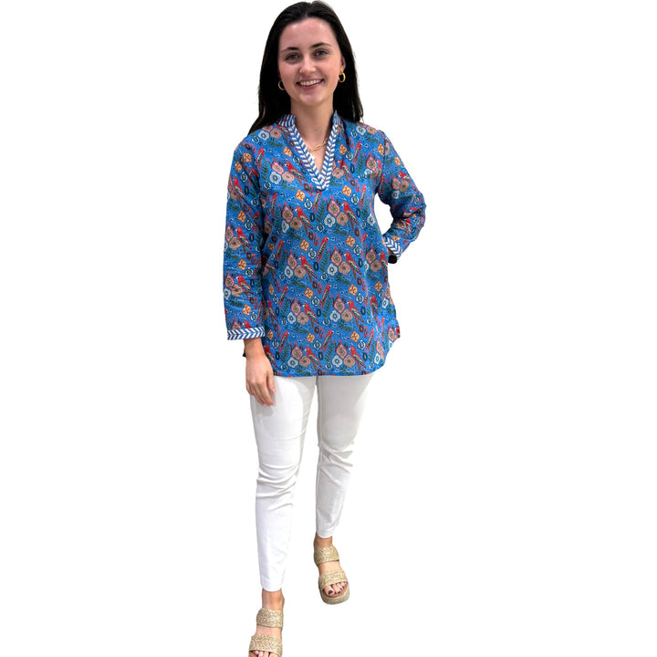 The Brie Embroidered Trim Tunic in Blue Parrot Floral — view 6