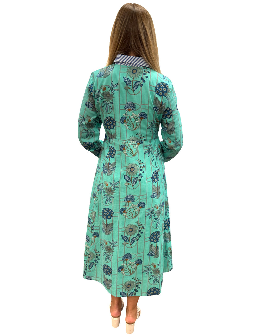 The Marion Button Front Dress in Teal Green Botanical Floral — view 5