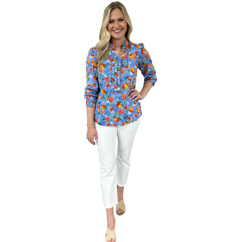 The Carrie Fresh Squeezed Orange Print Blouse in Periwinkle Blue — view 2