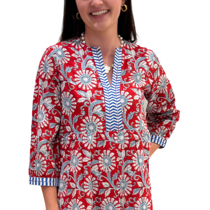 The Daniella Embroidered Trim Dress in Red and Blue Handblocked Floral — view 6