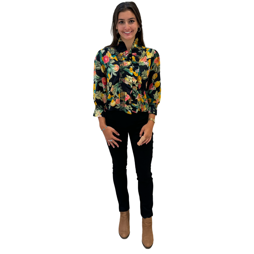 The Amelia Ruffle Top in Black Citrus Floral — view 2