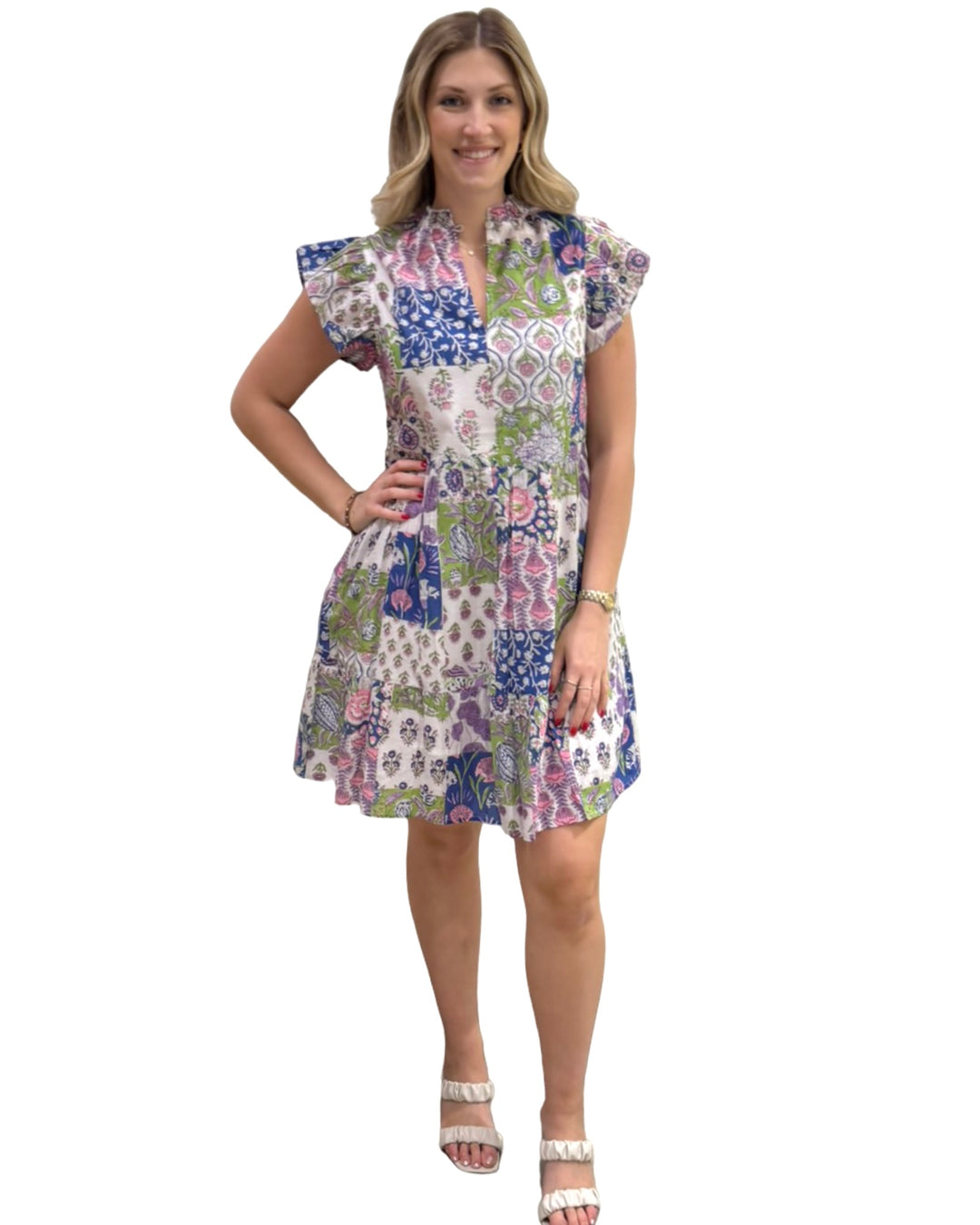 The Tinley Flutter Sleeve Dress in Vibrant Patchwork Cotton — view 4