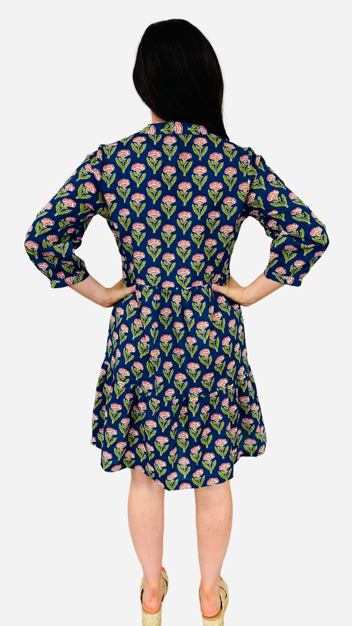 The Preston Hand Block Blue Pink Cotton Floral Dress — view 7