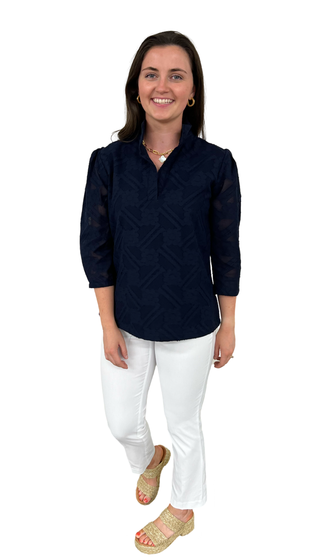 The Shipley Stand-Up Collar Top in Navy Jacquard Cotton — view 2