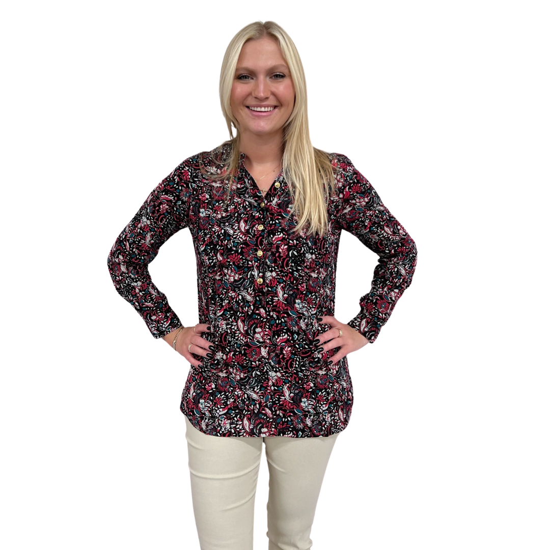 The Gretchen Button Front Top in Black and Cranberry Floral Rayon Crepe