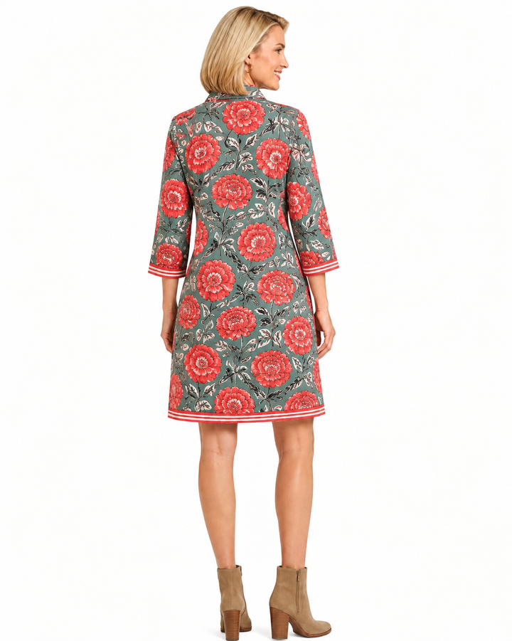 The Annika Cotton Button Front Dress in Green and Red Crimson Hand Block Printed Floral