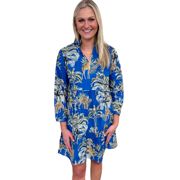 The Marnie Cotton Jungle Print Dress in Brilliant Blue — view 3