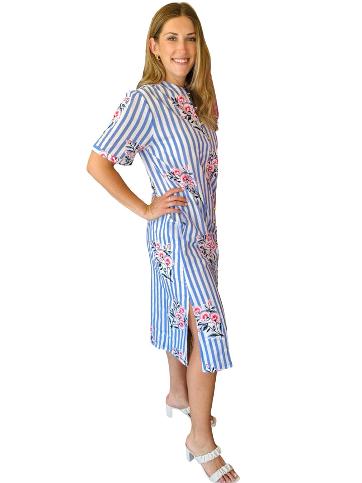 The Tabitha Short Sleeve Cotton Button Front Dress in Periwinkle Striped Floral — view 3