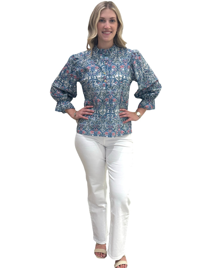 The Ainsley Hand Block Printed Cotton Ruffle Trimmed Top — view 4